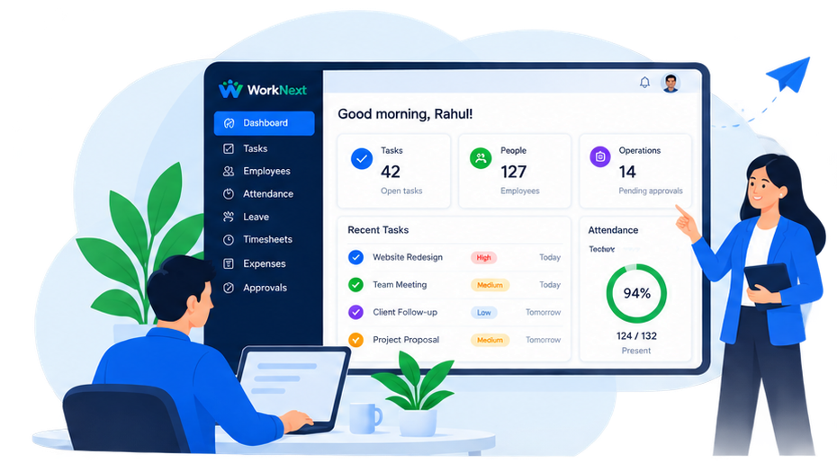 WorkNext dashboard showing tasks, employees, attendance and pending approvals
